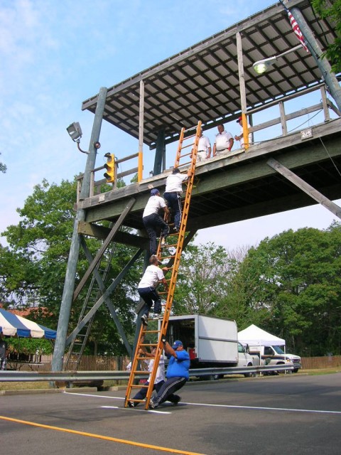 Burgess, Atkins & Watts climbing 3 Man Ladder.  7/19/08.  Kelly Jr. & Densieski anchoring.